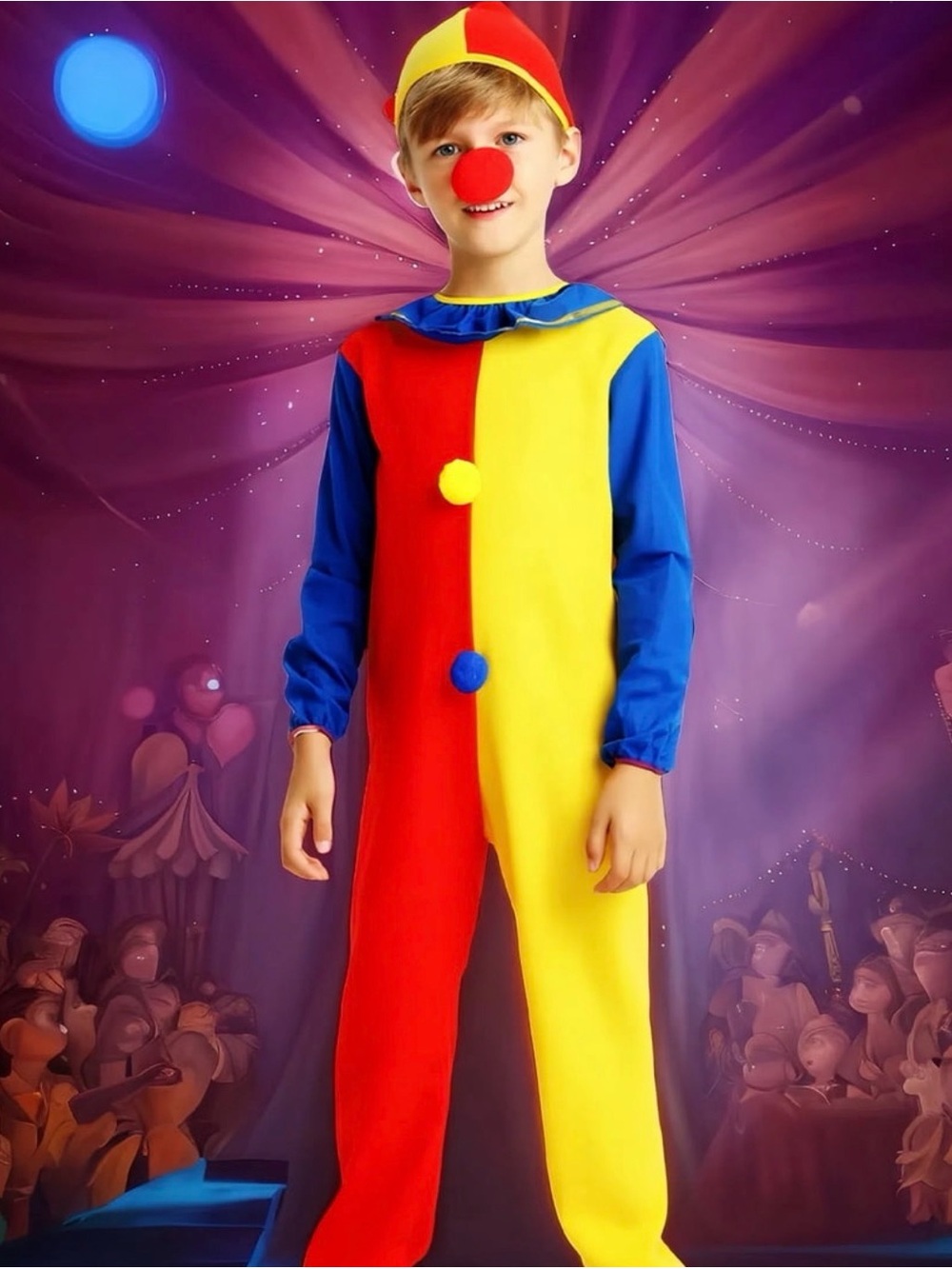 Kids' Colorful Clown Onesie Costume with Nose & Hat, Fun Party Outfit Halloween